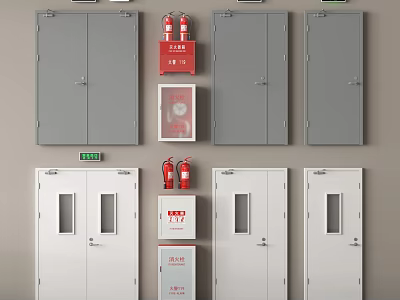Fire Equipment Featuring Gray And White Cabinets Red Fire Extinguishers Green Signs Fire Hydrant Cabinets 3d model