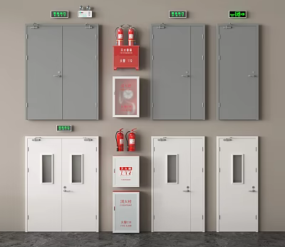 Fire Equipment Featuring Gray And White Cabinets Red Fire Extinguishers Green Signs Fire Hydrant Cabinets 3d model