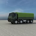 Military Truck with Green Canvas Cover Multiple Wheels on Open Ground under Blue Sky
