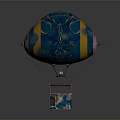 Vibrant Blue Yellow Pink Hot Air Balloon With Decorative Patterns And Red Basket