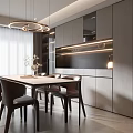 Modern Restaurant Interior With Long Dining Table Comfortable Chairs Hanging Pendant Lights And Sleek Cabinets