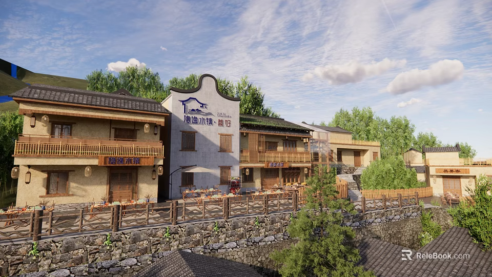 Traditional Guesthouse Building with Wooden Structure Stone Wall and Scenic Green Surroundings 3d model 