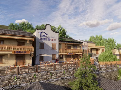 Traditional Guesthouse Building with Wooden Structure Stone Wall and Scenic Green Surroundings 3d model