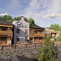 Traditional Guesthouse Building with Wooden Structure Stone Wall and Scenic Green Surroundings
