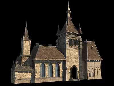 Ancient Church Architecture With Spires Towers Stone Walls And Arched Windows 3d model
