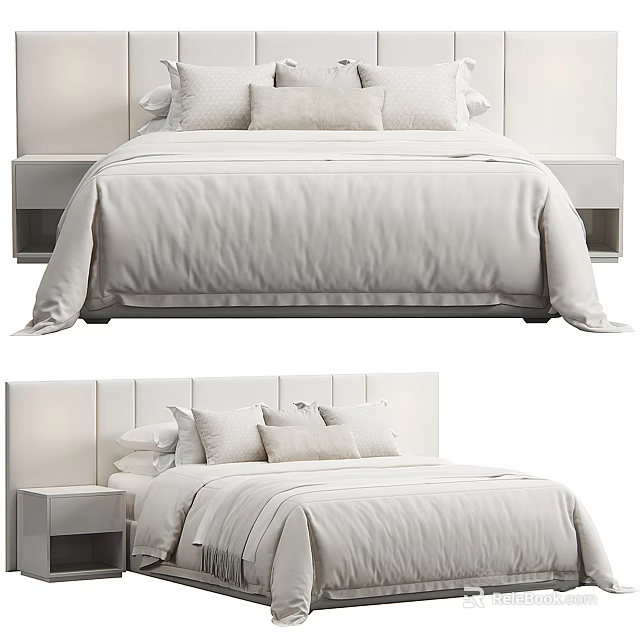 Modern Double Bed With Light Colored Sheets Pillows Headboard And Nightstands 3d model