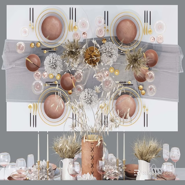 Elegant Dinnerware Set With Gold Accents Brown Plates And Dried Flower Decor 3d model 