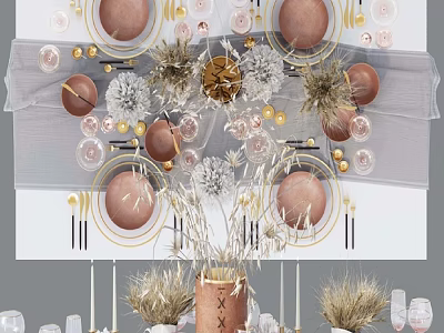 Elegant Dinnerware Set With Gold Accents Brown Plates And Dried Flower Decor 3d model