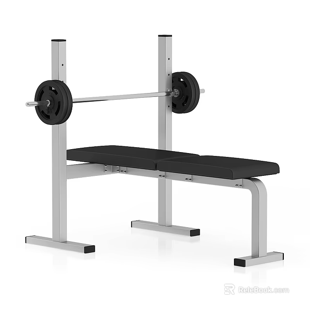 Sturdy Metal Frame Weight Bench With Barbell And Black Weight Plates For Sports Training 3d model 