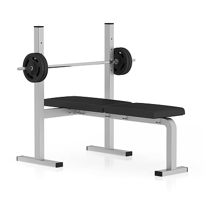 Sturdy Metal Frame Weight Bench With Barbell And Black Weight Plates For Sports Training 3d model