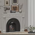 Classic White Carved Fireplace with Burning Fire Vases Framed Art and Plants near Window Blinds