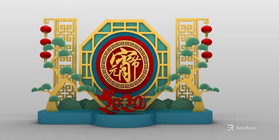 Traditional Chinese Decoration With Golden Frame Fu Character Red Lanterns Pine Trees 2020 Wave Patterns 3d model 