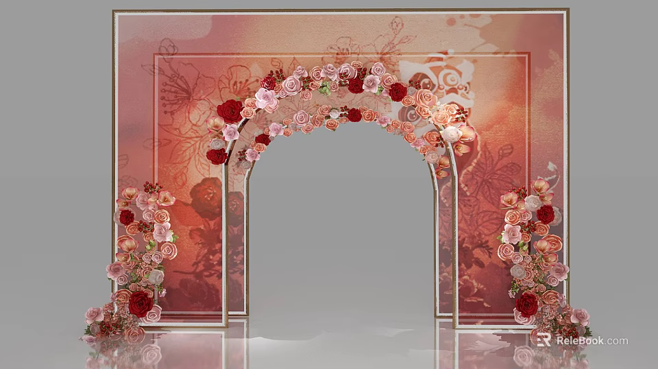 Elegant Wedding Arch With Red And Pink Floral Decorations And Ornate Background Patterns 3d model 