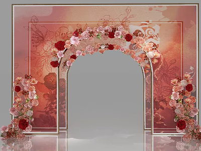 Elegant Wedding Arch With Red And Pink Floral Decorations And Ornate Background Patterns 3d model