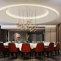 Elegant Private Dining Room Featuring Round Table Red Chairs Chandeliers And Circular Ceiling Light 3d model