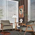 Cozy Casual Sofa Set With Wooden Frame Side Table Lamp Artwork Blinds And Green Plants