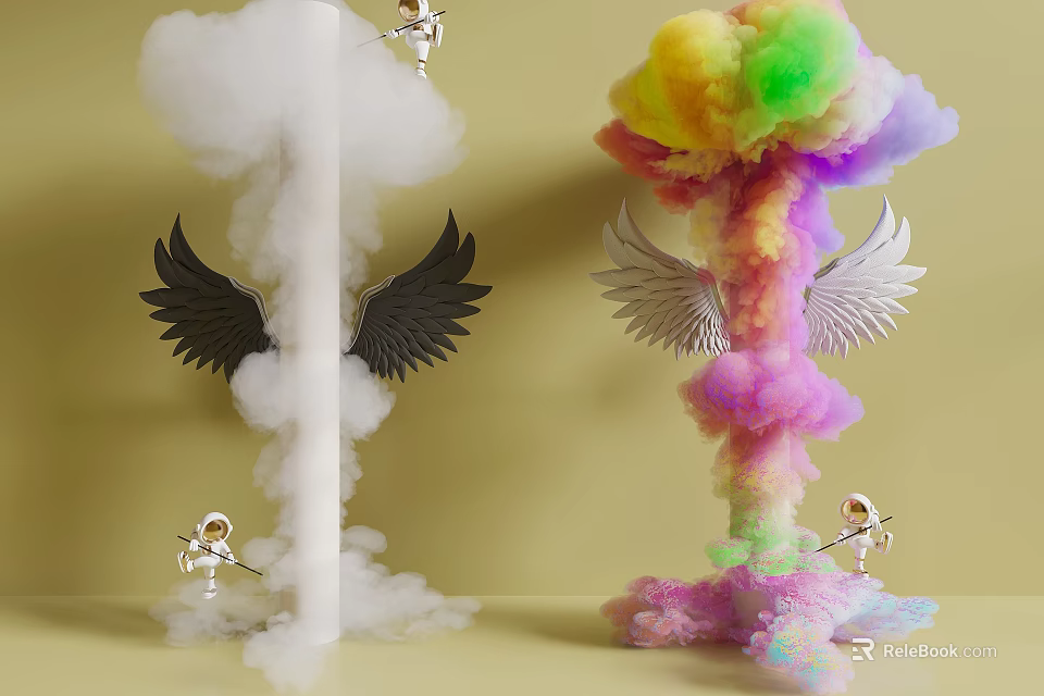 Colorful and White Pillars with Black White Wings Cloud like Formations and Astronaut Figures 3d model 