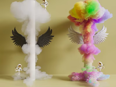 Colorful and White Pillars with Black White Wings Cloud like Formations and Astronaut Figures 3d model