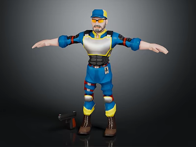 3D Character In Blue Yellow Outfit With Protective Gear Cap Gun And Outstretched Arms 3d model