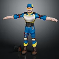 3D Character In Blue Yellow Outfit With Protective Gear Cap Gun And Outstretched Arms