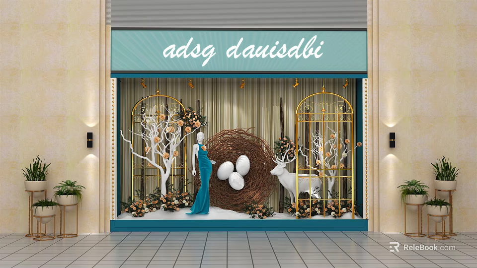 Elegant Shop Window With Golden Arches White Trees Blue Dress Mannequin Nest Eggs White Deer 3d model 