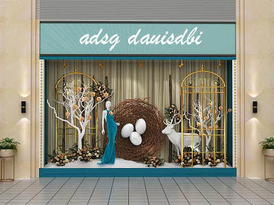Elegant Shop Window With Golden Arches White Trees Blue Dress Mannequin Nest Eggs White Deer 3d model