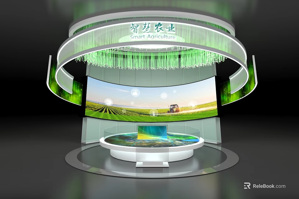 Smart Agriculture Exhibition Booth Design With Circular Structure Green Decorations And Large Screen 3d model
