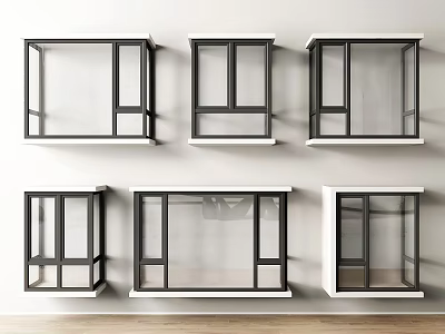 Various Modern Bay Window Designs With Black Frames And White Sills In Contemporary Interior Setting 3d model