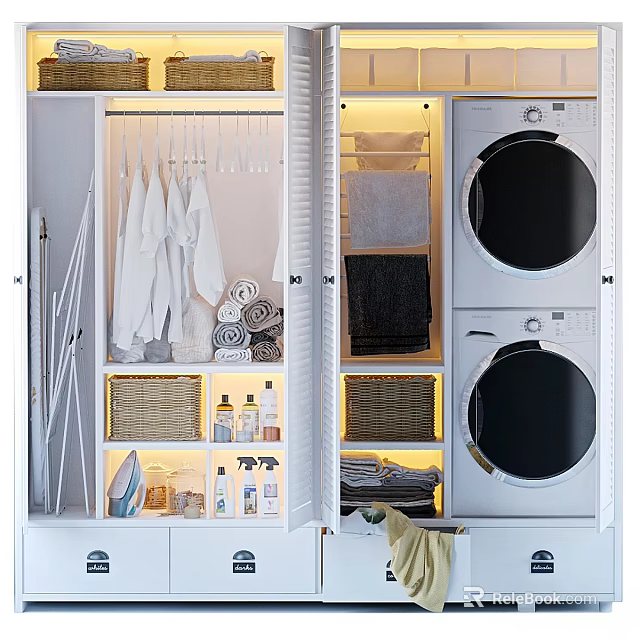 Organized Laundry Room With Stacked Washing Machines Hanging Clothes Towels Storage Baskets And Cleaning Supplies 3d model 