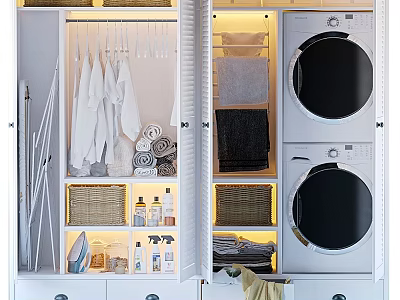 Organized Laundry Room With Stacked Washing Machines Hanging Clothes Towels Storage Baskets And Cleaning Supplies 3d model