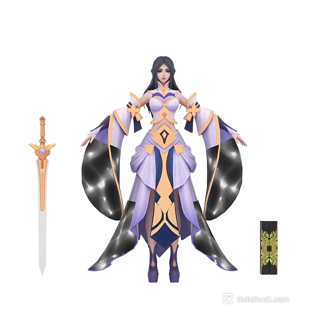 Game Movie Female Character In Purple Gold Robe With Black Flowing Sleeves And Decorative Sword 3d model 