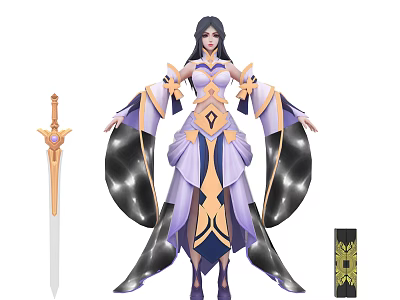Game Movie Female Character In Purple Gold Robe With Black Flowing Sleeves And Decorative Sword 3d model