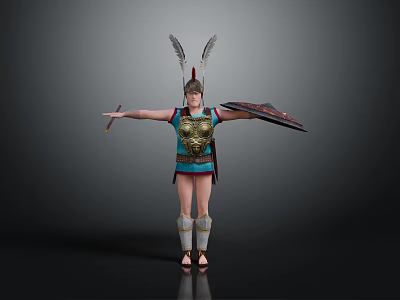 Warrior in Blue Gold Armor With Feathered Helmet Spear And Shield 3d model