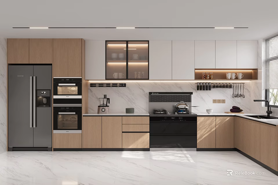 Modern Kitchen Interior With Marble Countertop Glass Door Cabinets And Built-in Black Appliances 3d model 