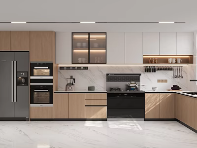 Modern Kitchen Interior With Marble Countertop Glass Door Cabinets And Built-in Black Appliances 3d model