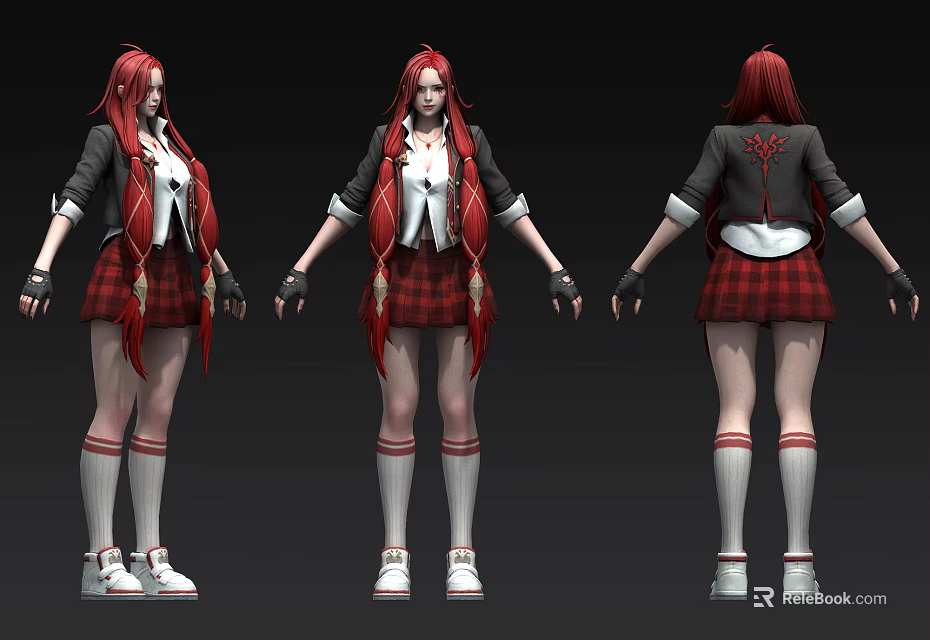Red Haired Female Game Movie Character 3D Model Multiple Angle Views Plaid Skirt White Socks 3d model 