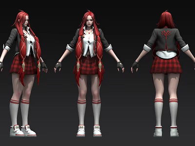 Red Haired Female Game Movie Character 3D Model Multiple Angle Views Plaid Skirt White Socks 3d model
