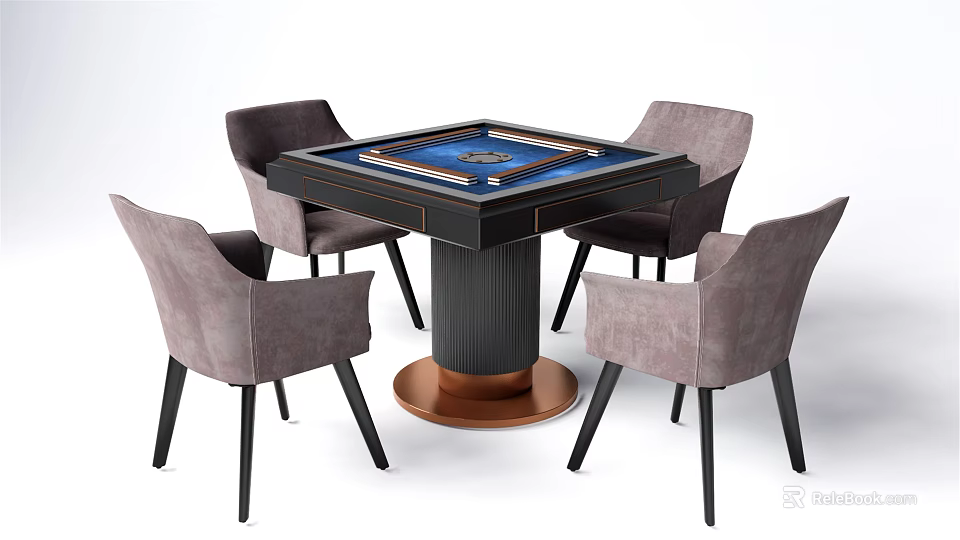 Modern Design Entertainment Table Featuring Blue Tabletop Copper Base and Four Gray Chairs 3d model 