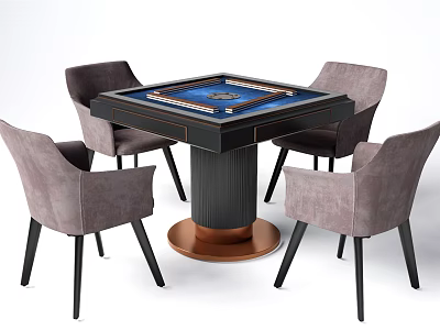 Modern Design Entertainment Table Featuring Blue Tabletop Copper Base and Four Gray Chairs 3d model