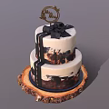 Two Tiered Cake With Black White Drizzle Decorations And Top Ornament On Rustic Wooden Base