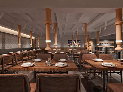 Elegant Restaurant Interior With Wooden Dining Tables White Plates Columns And Ceiling Design 3d model