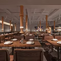 Elegant Restaurant Interior With Wooden Dining Tables White Plates Columns And Ceiling Design