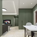 Modern Living and Dining Room Interior with Green Walls Gray Sofa and White Dining Set