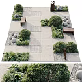 Garden Landscape Design With Stone Paving Round Stone Balls Bushes Benches And Green Plants