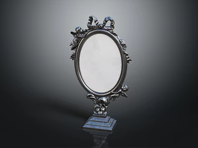 Decorative Oval Mirror With Silver Ornate Frame And Carved Square Base 3d model