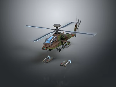 Military Helicopter With Camouflage Paint Large Rotors And Weapons On Gray Background 3d model