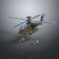 Military Helicopter With Camouflage Paint Large Rotors And Weapons On Gray Background
