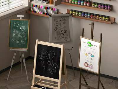 Colorful Art Supplies Display with Easels Drawings Paints and Colored Pencils on Shelves 3d model