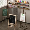 Colorful Art Supplies Display with Easels Drawings Paints and Colored Pencils on Shelves