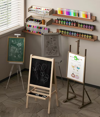 Colorful Art Supplies Display with Easels Drawings Paints and Colored Pencils on Shelves 3d model